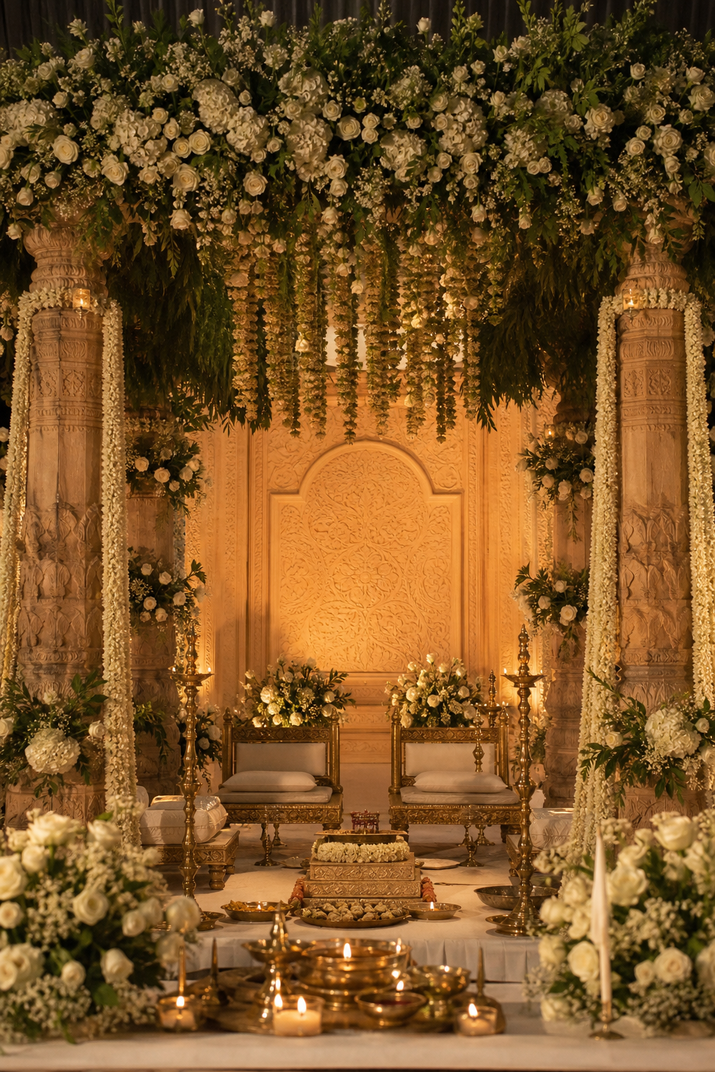 Ivory floral wedding mandap with carved pillars and warm candlelight